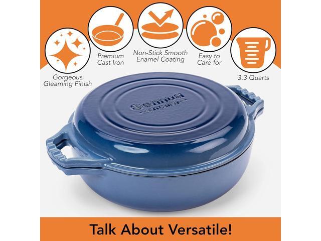 2-in-1 Enameled Cast Iron Braiser Pan with Grill Lid - 3.3-Quart Small Dutch Oven, Serves as Both Casserole & Stovetop Grill Pan, Cast Iron Cookware