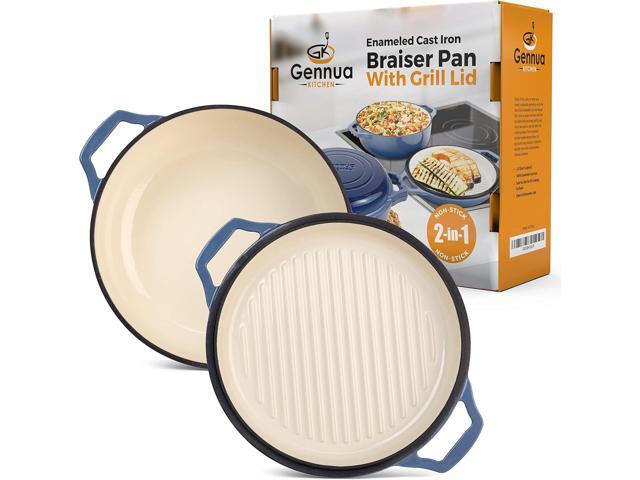 2-in-1 Enameled Cast Iron Braiser Pan with Grill Lid - 3.3-Quart Small Dutch Oven, Serves as Both Casserole & Stovetop Grill Pan, Cast Iron Cookware