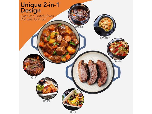 2-in-1 Enameled Cast Iron Braiser Pan with Grill Lid - 3.3-Quart Small Dutch Oven, Serves as Both Casserole & Stovetop Grill Pan, Cast Iron Cookware