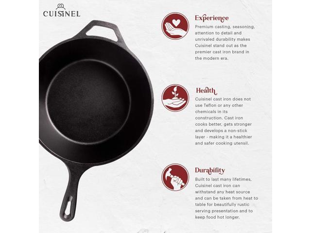 Cuisinel Cast Iron Skillet + Lid - 2-In-1 Multi Cooker - Deep Pot + Frying Pan - 3-Qt Dutch Oven - Pre-Seasoned Oven Cookware - Works for Bread,...