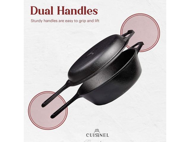 Cuisinel Cast Iron Skillet + Lid - 2-In-1 Multi Cooker - Deep Pot + Frying Pan - 3-Qt Dutch Oven - Pre-Seasoned Oven Cookware - Works for Bread,...