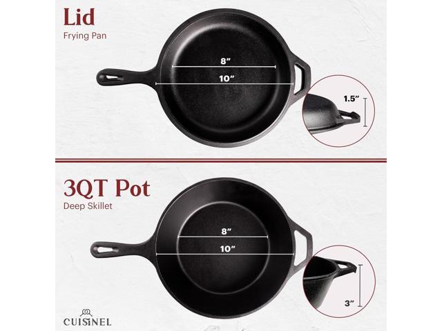 Cuisinel Cast Iron Skillet + Lid - 2-In-1 Multi Cooker - Deep Pot + Frying Pan - 3-Qt Dutch Oven - Pre-Seasoned Oven Cookware - Works for Bread,...