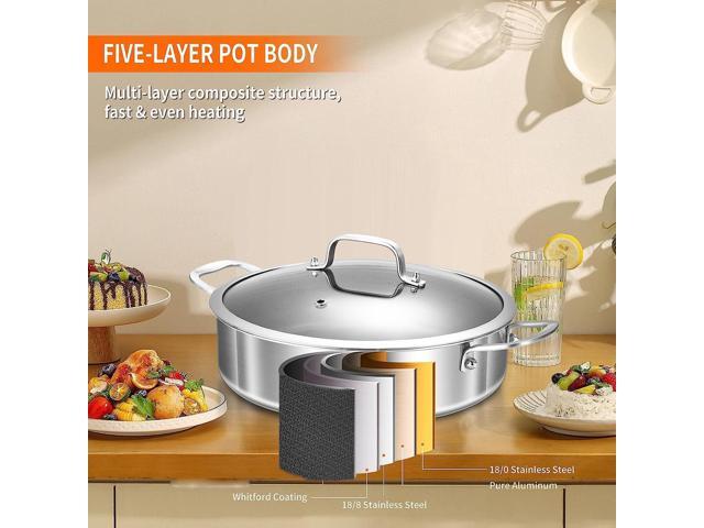 DELARLO Tri-Ply Stainless Steel Saute Pan 6 Quarts Deep Frying Pan, 12 inch Induction Compatible Chef Cooking Pan, Large Sauté Pan with lid,...