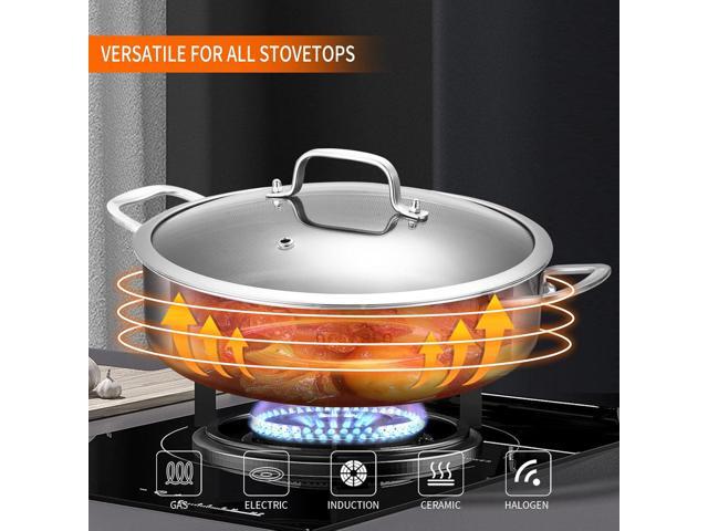 DELARLO Tri-Ply Stainless Steel Saute Pan 6 Quarts Deep Frying Pan, 12 inch Induction Compatible Chef Cooking Pan, Large Sauté Pan with lid,...
