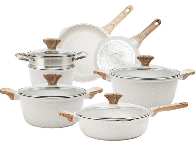 Country Kitchen Non-Stick Cast Aluminum Cookware Set - Durable Kitchen Cookware for Everyday Cooking, Cream, 11 Pc.