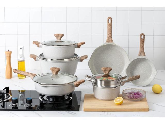 Country Kitchen Non-Stick Cast Aluminum Cookware Set - Durable Kitchen Cookware for Everyday Cooking, Cream, 11 Pc.