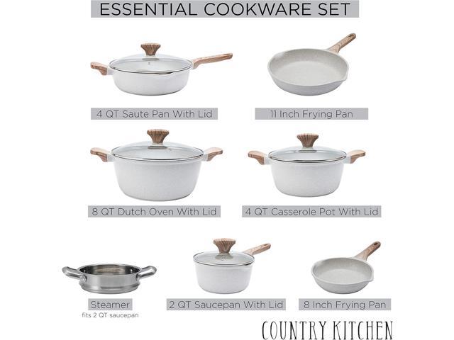 Country Kitchen Non-Stick Cast Aluminum Cookware Set - Durable Kitchen Cookware for Everyday Cooking, Cream, 11 Pc.