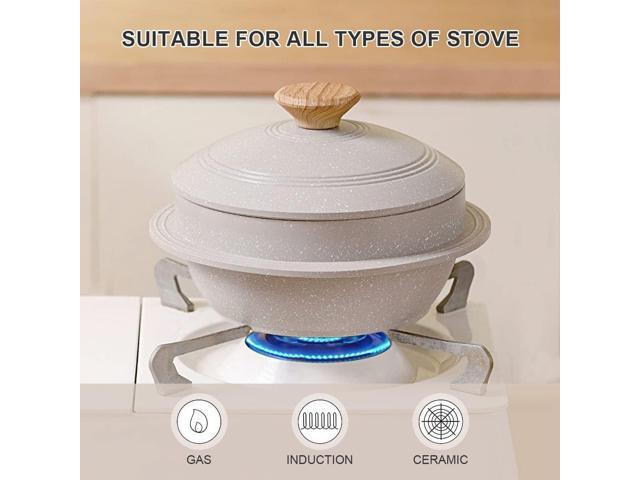 Cast Aluminum Pot with Lid, 7 in Non-Stick Casserole Dish Korean Stone Bowl Induction Compatible, White