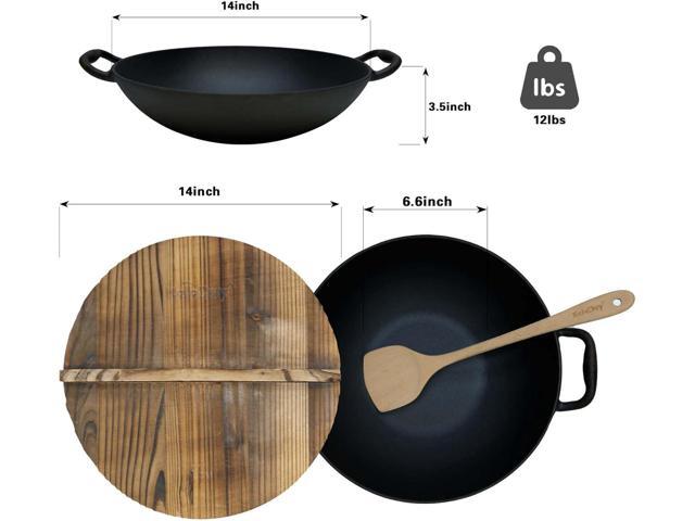 14 Inch Cast Iron Wok with Lid, Non Stick, Pre-Seasoned Woks & Stir-Fry Pans with 2 Loop Handles, Uncoated Chinese Handmade Cast Iron wok, Suitable...
