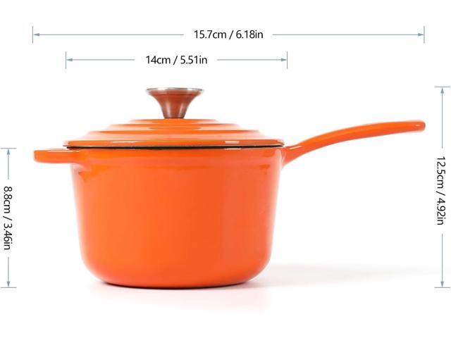 HAWOK Enameled Cast Iron Mini Saucepan, 1QT Saucepan with Lid and Long Handle, Orange