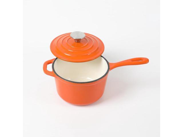 HAWOK Enameled Cast Iron Mini Saucepan, 1QT Saucepan with Lid and Long Handle, Orange