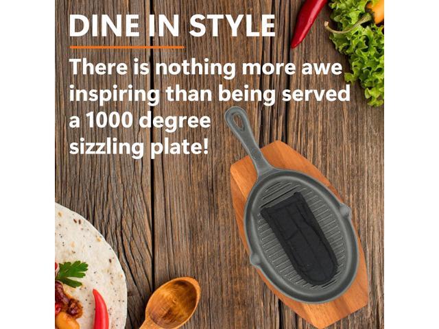 Mr. Bar-B-Q Cast Iron Fajita Skillets Set, Pre-Seasoned Non-Stick Sizzling Plate, Wooden Base w/Cloth Handle, Sizzler Steak Plate, Cast Iron...