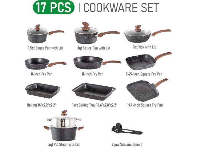 MAISON ARTS 17 Piece Pots and Pans Set Non Stick, Kitchen Cookware Sets with Nonstick Granite Stone Coating, Suitable for Induction Cooktops, Black