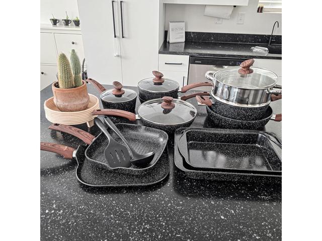 MAISON ARTS 17 Piece Pots and Pans Set Non Stick, Kitchen Cookware Sets with Nonstick Granite Stone Coating, Suitable for Induction Cooktops, Black