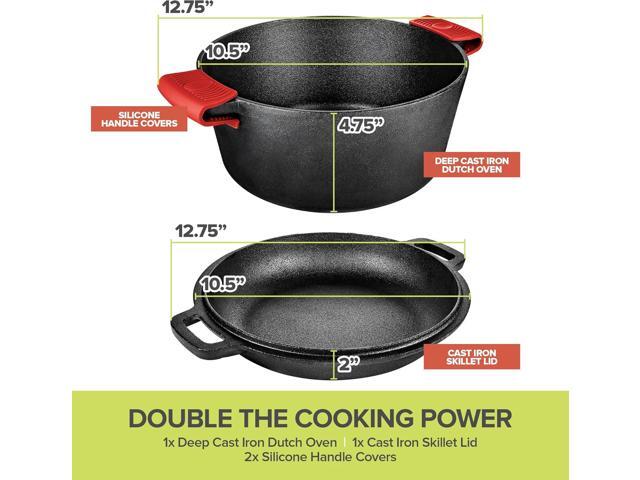 Cast Iron Dutch Oven Pot with Lid, 3-in-1, 5 Quart Cast Iron Dutch Oven with Cast Iron Skillet Lid, Cast Iron Pot with Lid, Preseasoned Cast Iron...