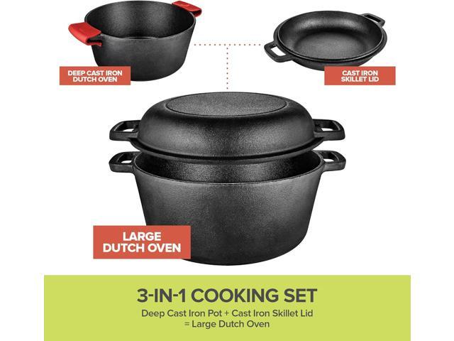Cast Iron Dutch Oven Pot with Lid, 3-in-1, 5 Quart Cast Iron Dutch Oven with Cast Iron Skillet Lid, Cast Iron Pot with Lid, Preseasoned Cast Iron...