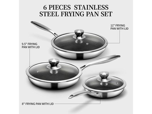 6 Pieces Stainless Steel Frying Pan Set with Lids, Honeycomb Nonstick Frying Pan Set 3 Pcs,Induction Skillet Set Egg Omelette Frying Pan Set W/Lid,...