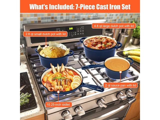 QuliMetal Nonstick Enameled Cast Iron Cookware Set, Frying Pan Skillet- 7-Pcs Pots and Pans with Lid, Healthy Round Dutch Oven Pot for Sourdough...