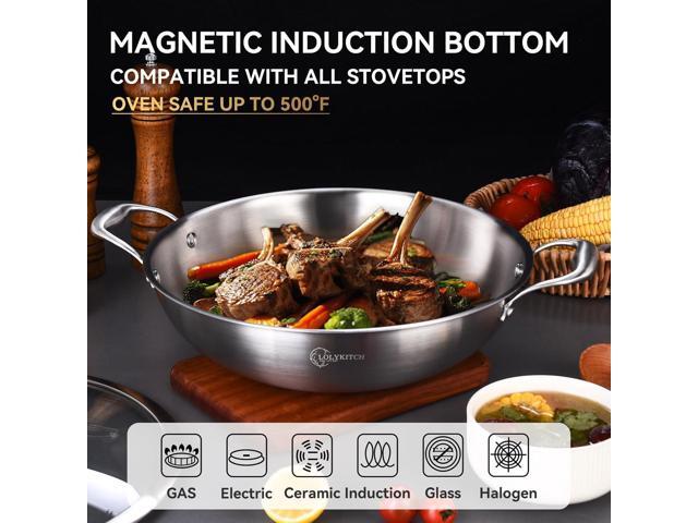 LOLYKITCH 12 Inch Tri-Ply Stainless Steel Wok Pan with Lid,5 QT Deep Stir-Fry Pan,Jumbo Cooker,Induction Cooking Pan,Heavy Duty,Dishwasher and Oven...