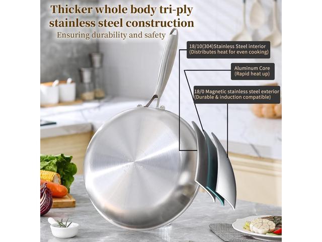 DELARLO Tri-Ply Stainless Steel 12inch Frying Pan, All Cooktops Compatible Up to 600, Oven Safe Induction Skillet, 12.5 inch Non toxic Cooking...