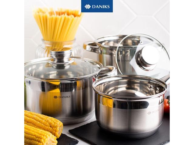 Daniks Standard 9-Piece Stainless Steel Induction Cookware Set, Dishwasher Safe Pots and Saucepan, Measuring Scale, Glass Lids, For Soup, Pasta,...