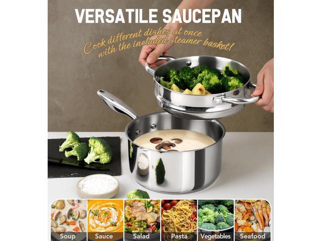 MICHELANGELO Stainless Steel Sauce Pan with Lid, 3 Quart Sauce Pan with Steamer Insert, Nonstick Saucepan with Pour Spout, 3 Qt Stainless Steel Pot...