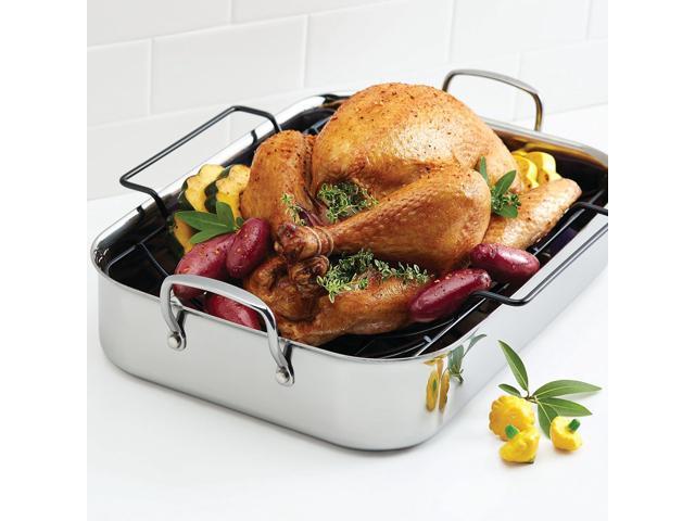 Anolon Triply Clad Stainless Steel Roaster / Roasting Pan with Rack - 17 Inch x 12.5 Inch, Silver