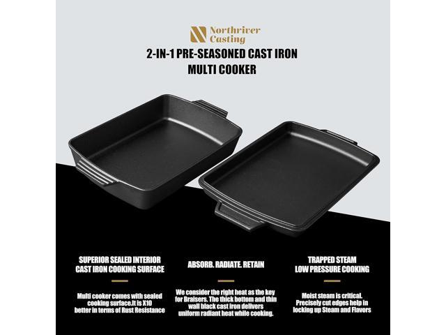 2-In-1 Pre Seasoned Cast Iron Dutch Oven With Skillet Lid,Casserole Dish,Rectangular Baking Pan,Griddle Pot Set, 6QT, 9'x13'