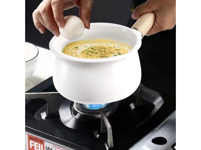 Jucoan 1 Quart Enamel Milk Pan with Dual Pour Spout, Small Enamel on Steel Saucepan Milk Pot Butter Warmer with Wooden Handle, Stove Top Soup Pot...