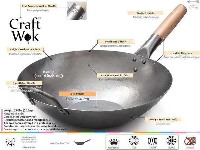 Craft Wok Flat Hand Hammered Carbon Steel Pow Wok with Wooden and Steel Helper Handle (14 Inch, Flat Bottom) / 731W316