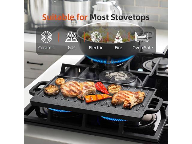 Cast Iron Griddle Plate 13 x 8 inch Reversible Cast Iron Grill/Griddle Pan Double Sided Stove Top Griddle On Single Burner Pre-Seasoned Small...