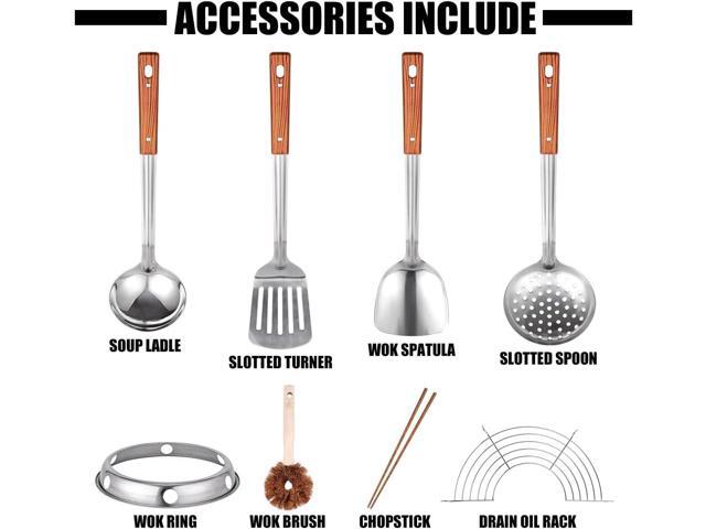 Carbon Steel Wok Traditional Hand Hammered - 13.4' Chinese Woks Round Bottom Wok Pan Set with 8 Pcs Cookware Accessories