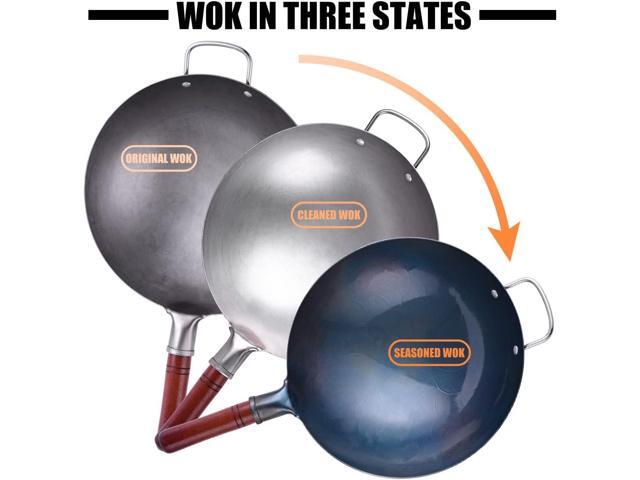 Carbon Steel Wok Traditional Hand Hammered - 13.4' Chinese Woks Round Bottom Wok Pan Set with 8 Pcs Cookware Accessories