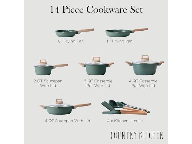 Country Kitchen Pots and Pans Set Nonstick, Cast Aluminum Kitchen Cookware Set with Utensils, 14 Pcs Non Stick Cooking Set w/Frying Pans &...