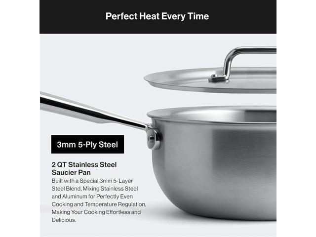 Misen Premium Saucier Pan with Lid & Stay Cool Handle - 5-Ply Stainless Steel Cookware - Gas, Electric & Induction Cooking, Thick Bottom, Heats...