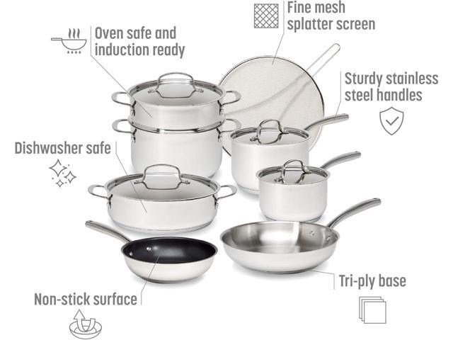Goodful 12-Piece Classic Stainless Steel Cookware Set with Tri-Ply Base for Even Heating, Durable, Impact Bonded Pots and Pans, Dishwasher Safe...