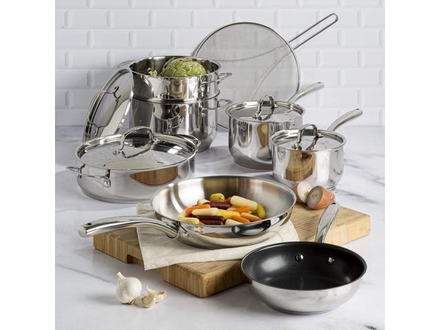 Goodful 12-Piece Classic Stainless Steel Cookware Set with Tri-Ply Base for Even Heating, Durable, Impact Bonded Pots and Pans, Dishwasher Safe...