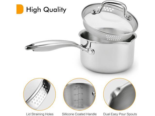 Cyrosa 2.0 Quart Saucepan with Lid, Stainless Steel Sauce Pot with Strainer Lid, Two Side Spouts for Easy Pour with Ergonomic Handle, Dishwasher Safe