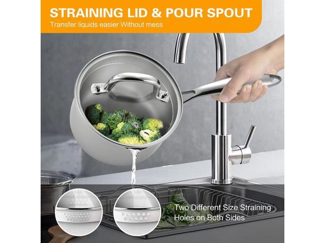Cyrosa 2.0 Quart Saucepan with Lid, Stainless Steel Sauce Pot with Strainer Lid, Two Side Spouts for Easy Pour with Ergonomic Handle, Dishwasher Safe