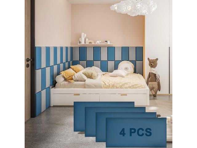 4PCS Anti-Collision Wall Padding 3D Peel and Stick Headboard Upholstered Wall Panels Blue Wall Mounted Headboard Soundproof Wall Panels
