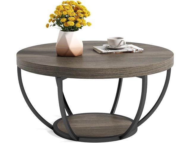 LITTLE TREE Round Coffee Table, 32' Circle Coffee Table for Living Room, 2-Tier Wood Accent Center Table with Open Storage Industrial Design Home.
