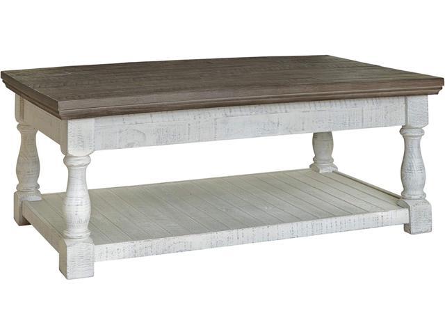 Signature Design by Ashley Havalance Farmhouse Lift Top Coffee Table with Fixed Shelf and 2 Hidden Storage Trays, Gray & White with Weathered Finish