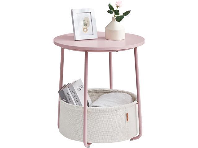 VASAGLE Small Round Side End Table, Modern Nightstand with Fabric Basket, Jelly Pink and Cream White ULET223R61