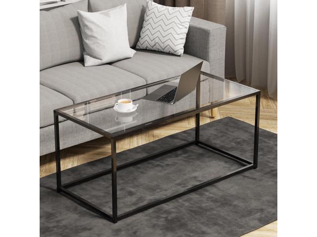 Glass Coffee Table Modern Center Table,Minimalist Coffee Table for Living Room,Tempered Glass-top with Sturdy Metal Frame, Easy Assembly,Black
