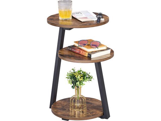 BEWISHOME Round End Table Side Table with Metal Frame, Accent Nightstand Bedside Table with 3-Tier Shelves, Small Couch Coffee Table for Living.
