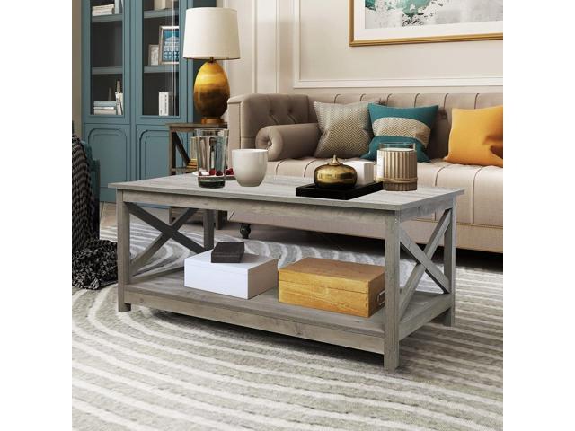 Rainbow Sophia Coffee Table, Modern Farmhouse Wood Coffee Table with 2-Tier Storage, 40 Inch, Washed Oak