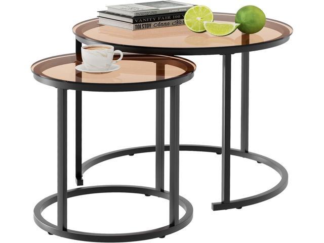 aboxoo Nesting Coffee Table Set of 2, Small Round Glass Nesting Tables for Living Room Bedroom, Accent Tea Table with Metal Frame Modern Industrial.