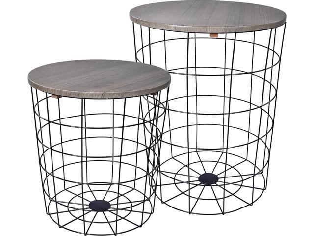 Elevon Nesting Table End Table Wire Basket Base with Wood Tops Side Table Set of 2, Gray