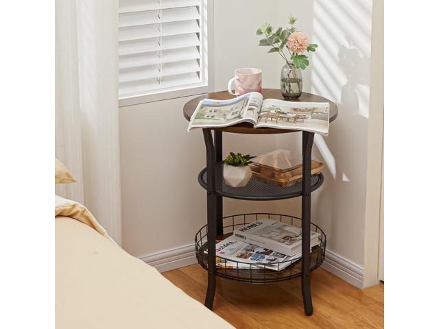 X-cosrack Round Side Table, Industrial Retro End Table with Storage,Coffee Snack Table for Living Room, Bedroom,Kitchen,Office,Stable Wood and.