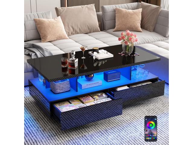 43in Large LED Coffee Table w/ 2 Big Storage Drawers,60,000-color Lights,App Control,High Glossy Modern Black Coffee Table,Rectangle 2-Tier Center...